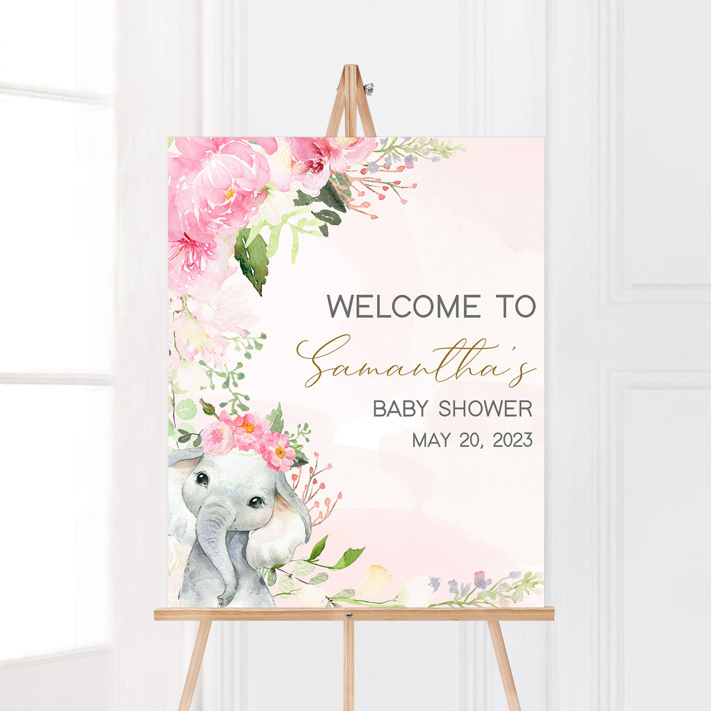 Pink Elephant Baby Shower Welcome Sign