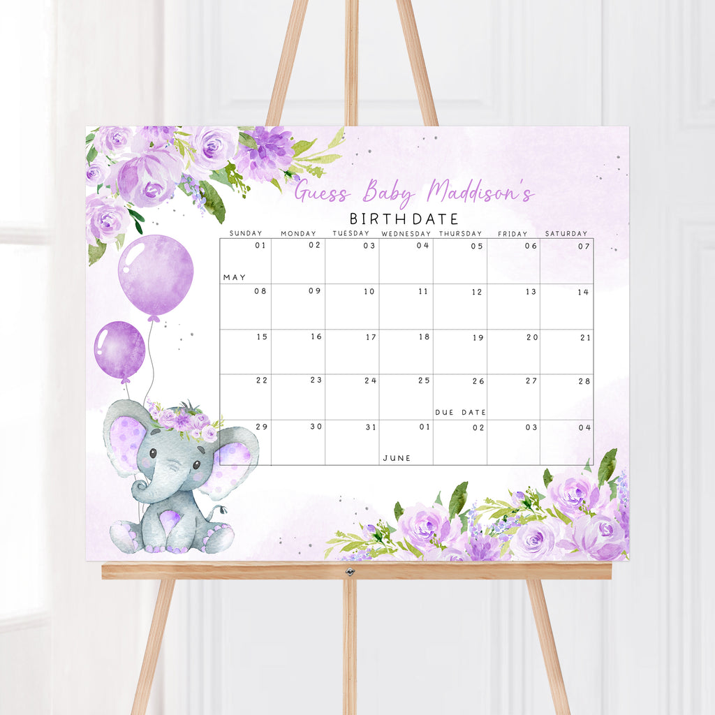 Purple Elephant Baby Shower Due Date Calendar