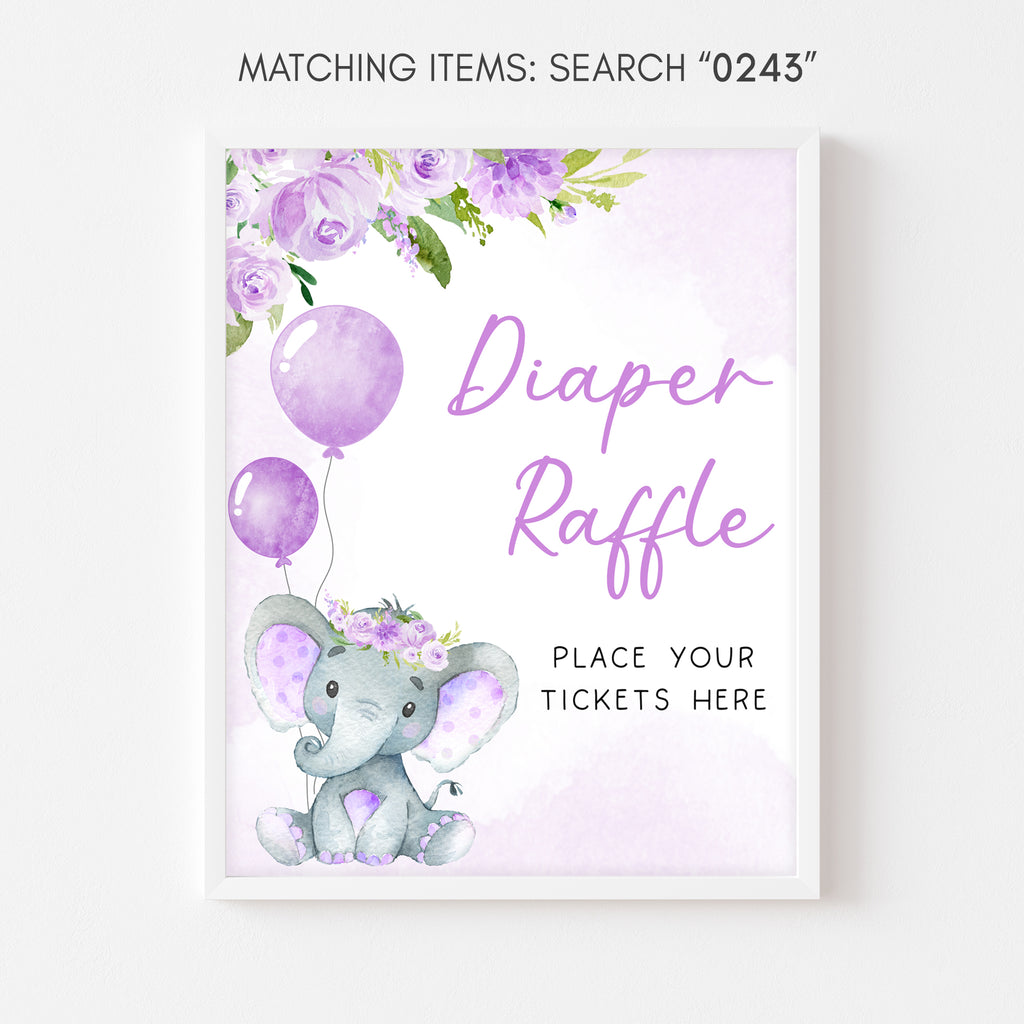 Purple Elephant Baby Shower Diaper Raffle Sign