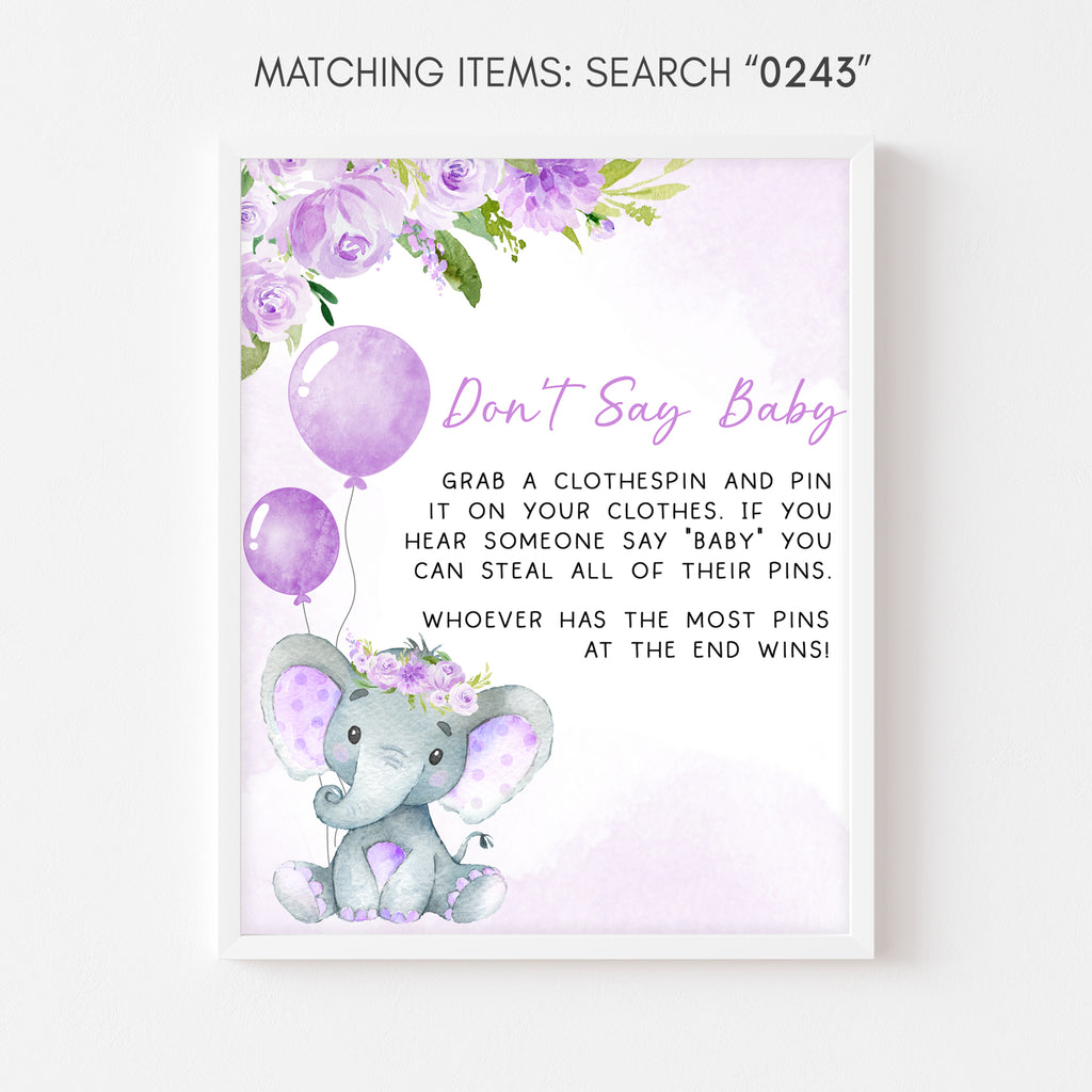 Purple Elephant Baby Shower Don't Say Baby Sign