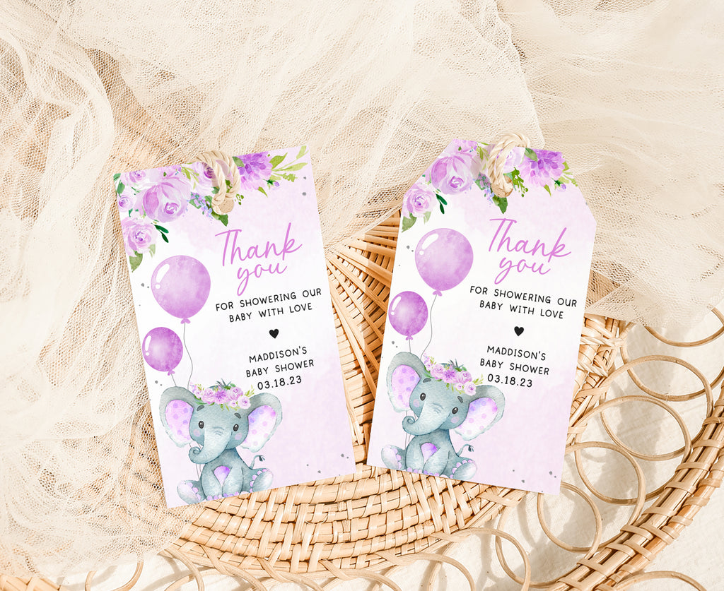 Purple Elephant Baby Shower Favor Tag