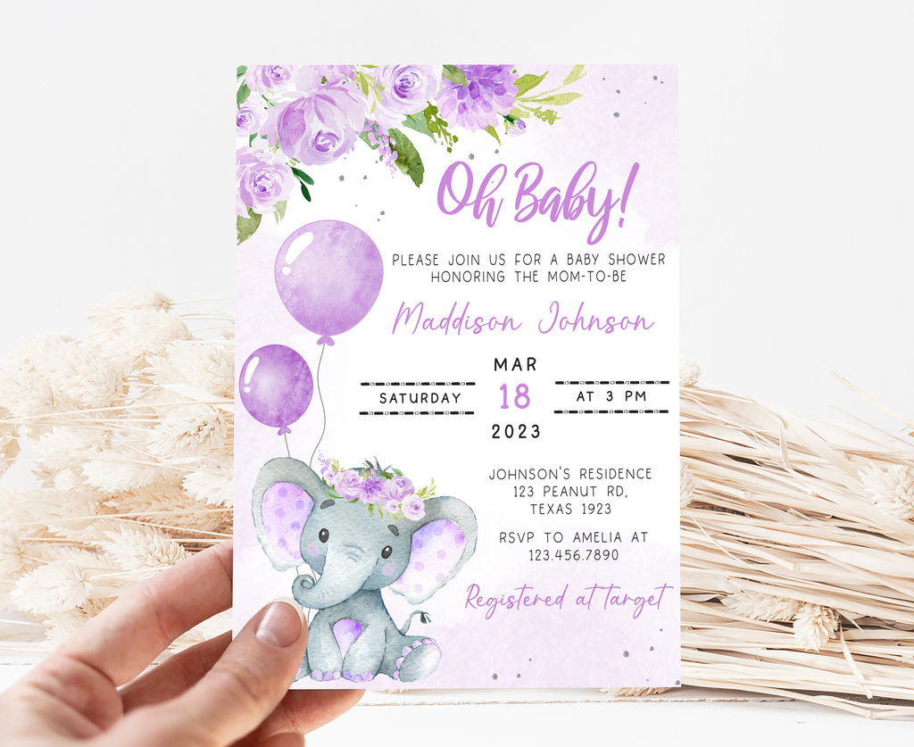 Purple Elephant Baby Shower Invitation