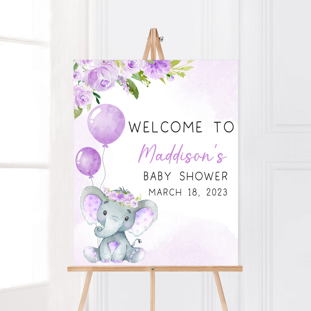 Purple Elephant Baby Shower Welcome Sign