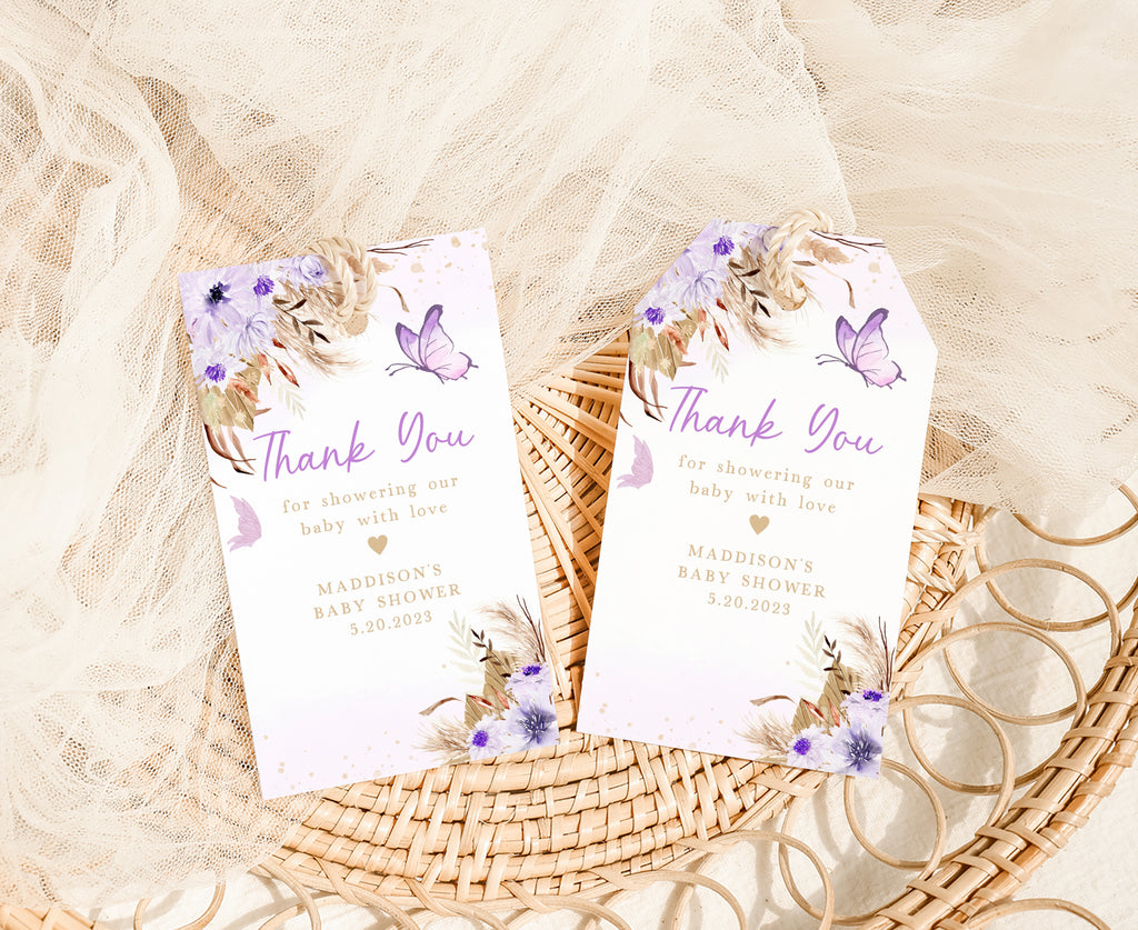 Purple Boho Butterfly Baby Shower Favor Tag