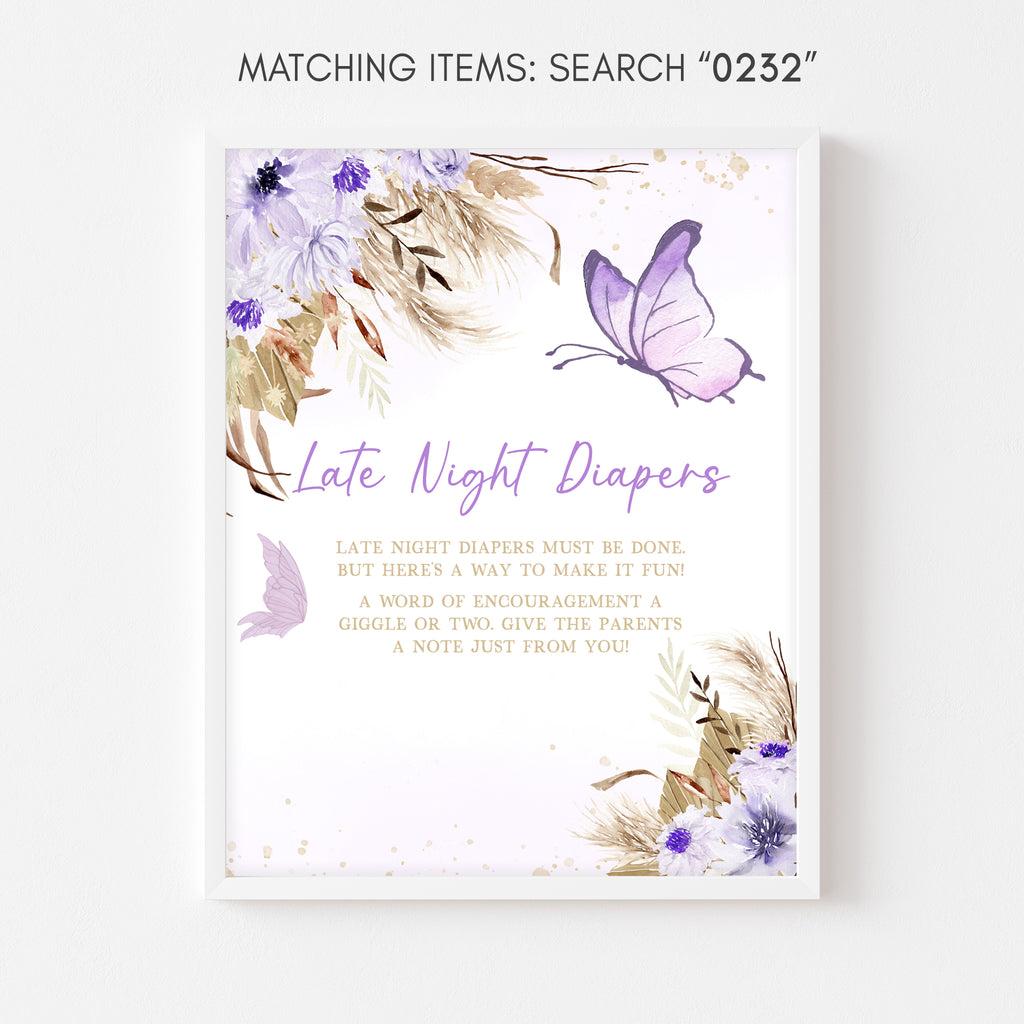 Purple Boho Butterfly Baby Shower Late Night Diapers Sign