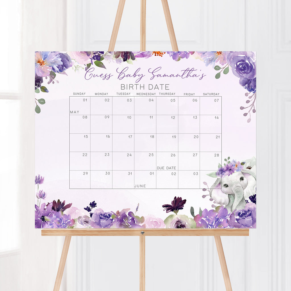 Purple Elephant Baby Shower Due Date Calendar