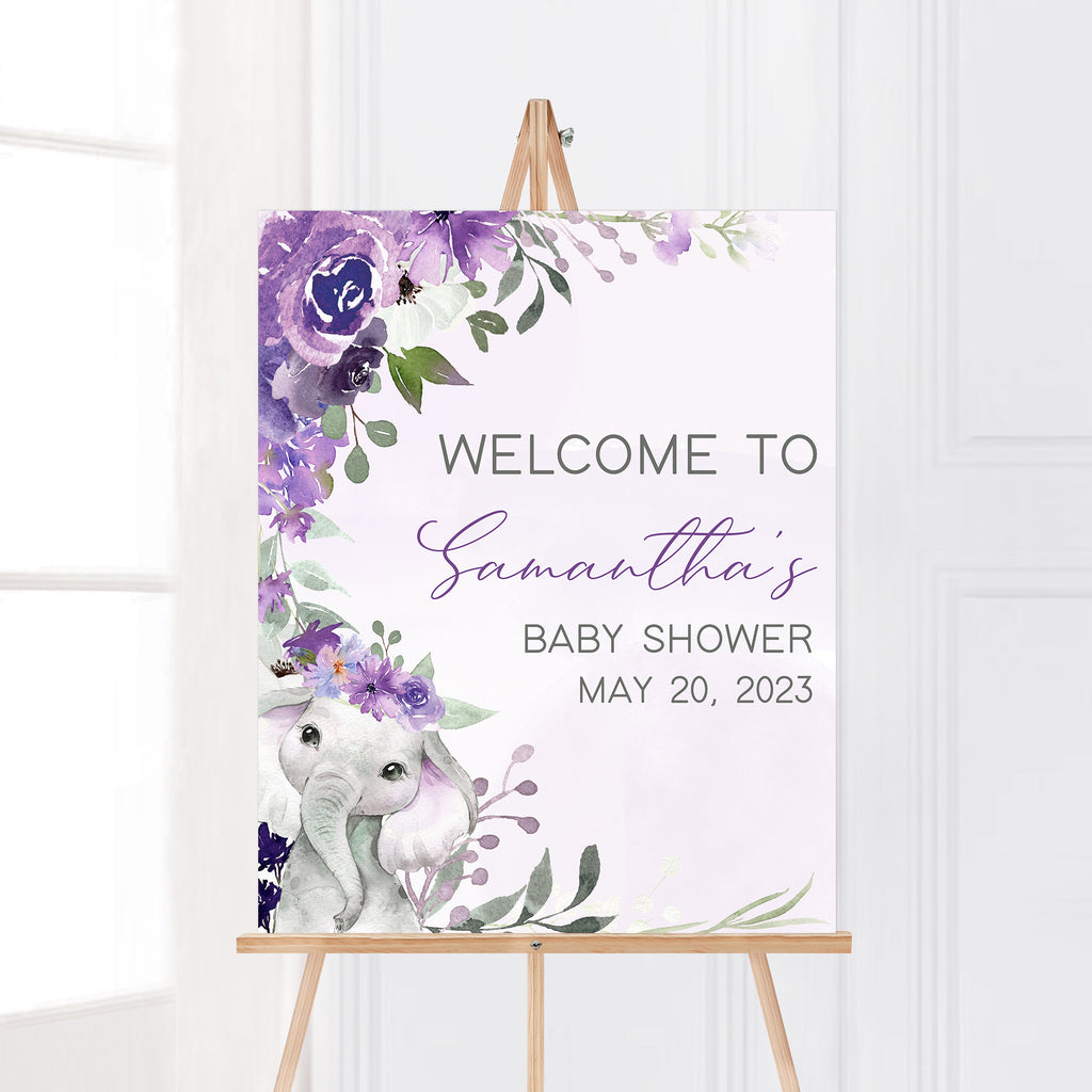 Purple Elephant Baby Shower Welcome Sign