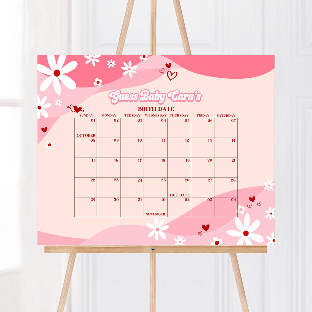 Retro Groovy Valentine Baby Shower Due Date Calendar