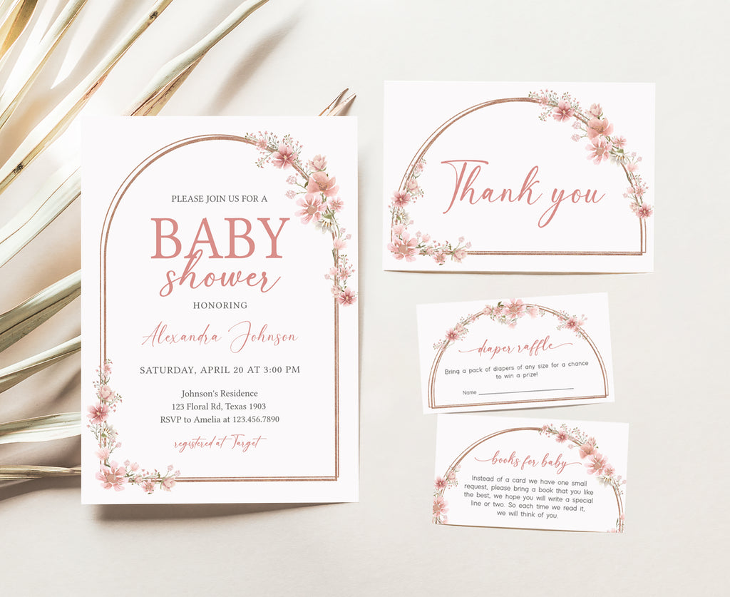 Rustic Pink Flowers Baby Shower Invitation Set