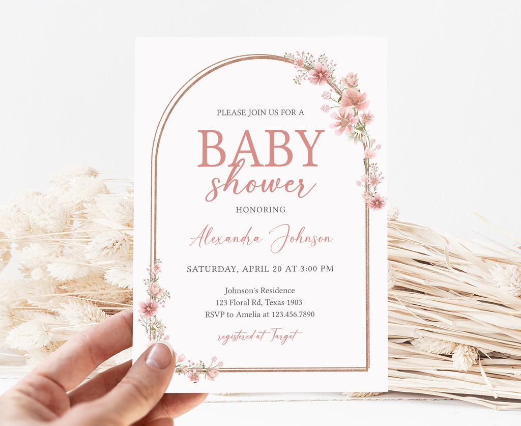 Rustic Pink Flowers Baby Shower Invitation