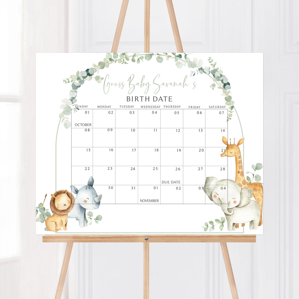 Safari Baby Shower Due Date Calendar