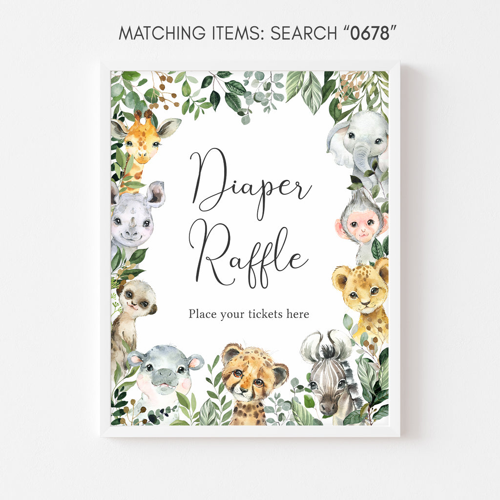 Safari Animals Baby Shower Diaper Raffle Sign