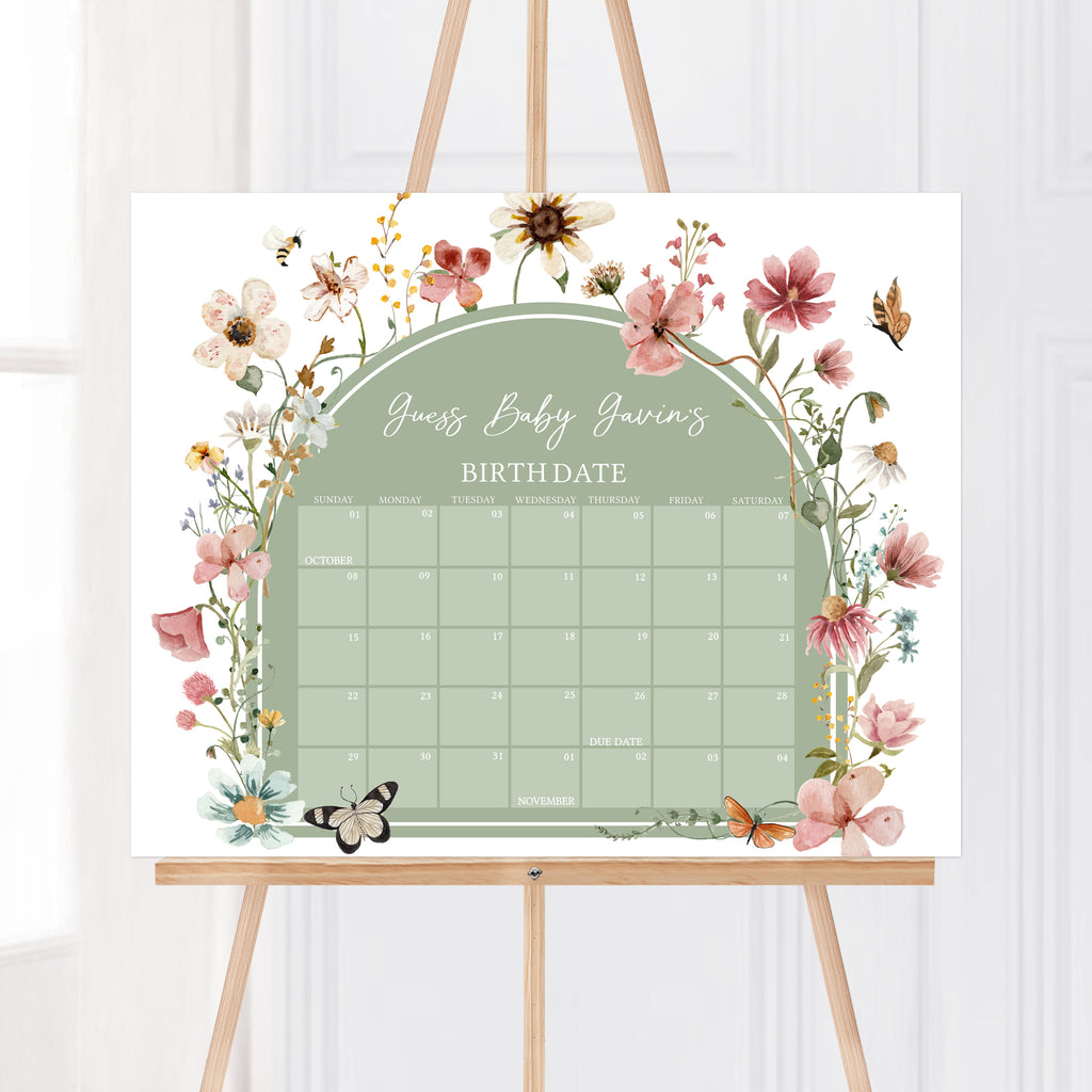 Sage Green Baby in Bloom Baby Shower Due Date Calendar