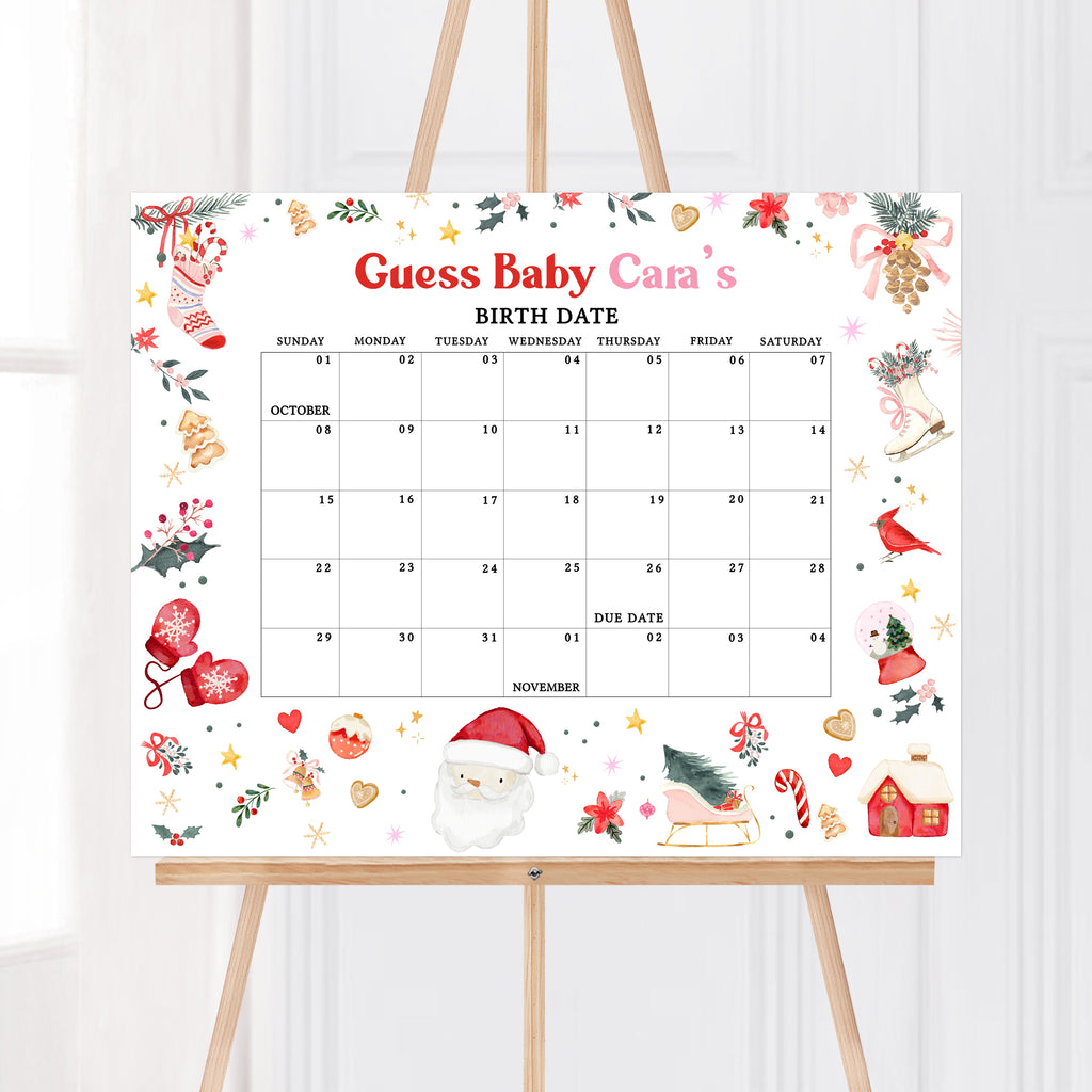 Pink Santa Baby Baby Shower Due Date Calendar