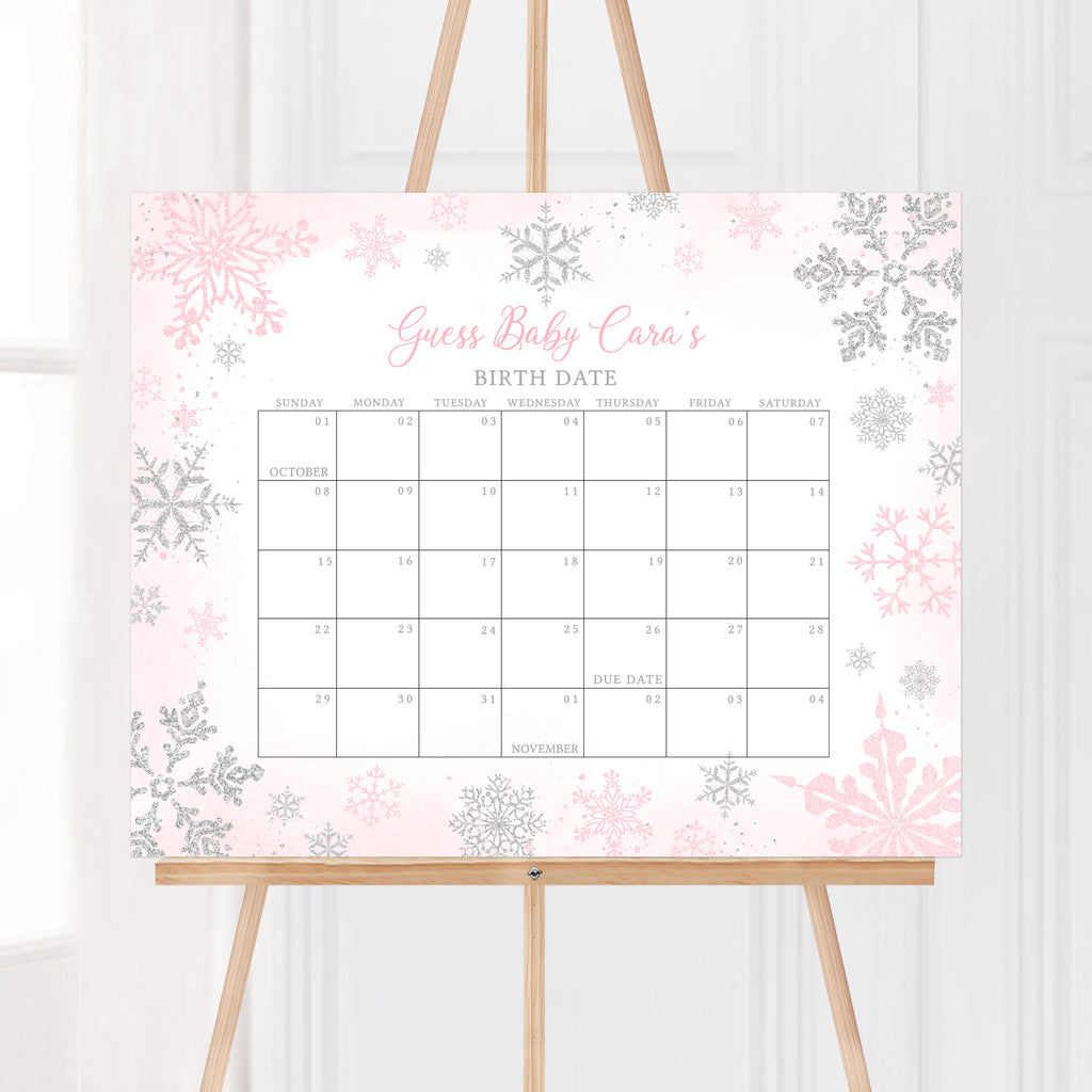 Pink Snowflake Baby Shower Due Date Calendar