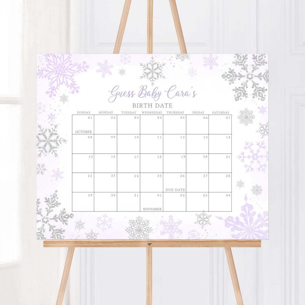 Purple Snowflake Baby Shower Due Date Calendar