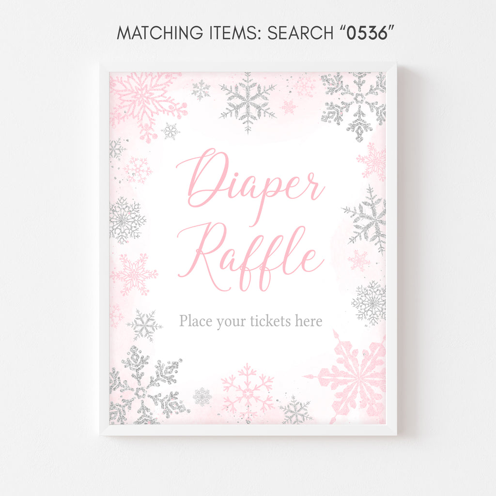 Pink Snowflake Baby Shower Diaper Raffle Sign