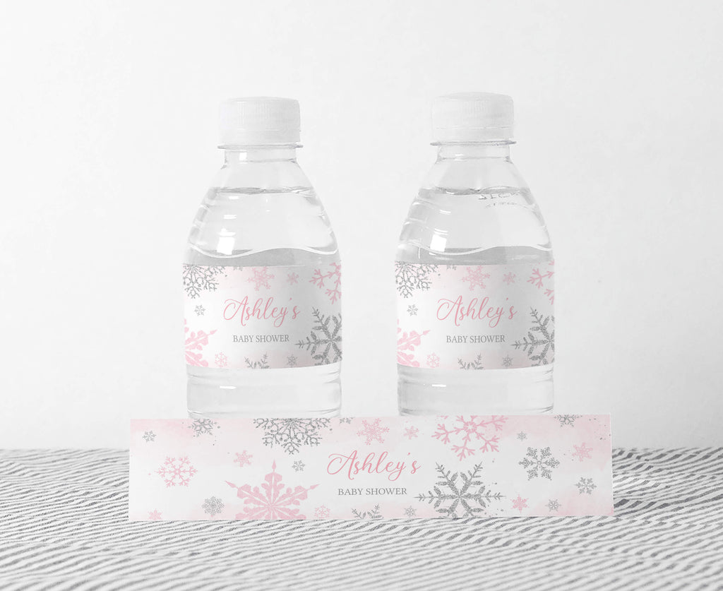 Pink Snowflake Baby Shower Bottle Label