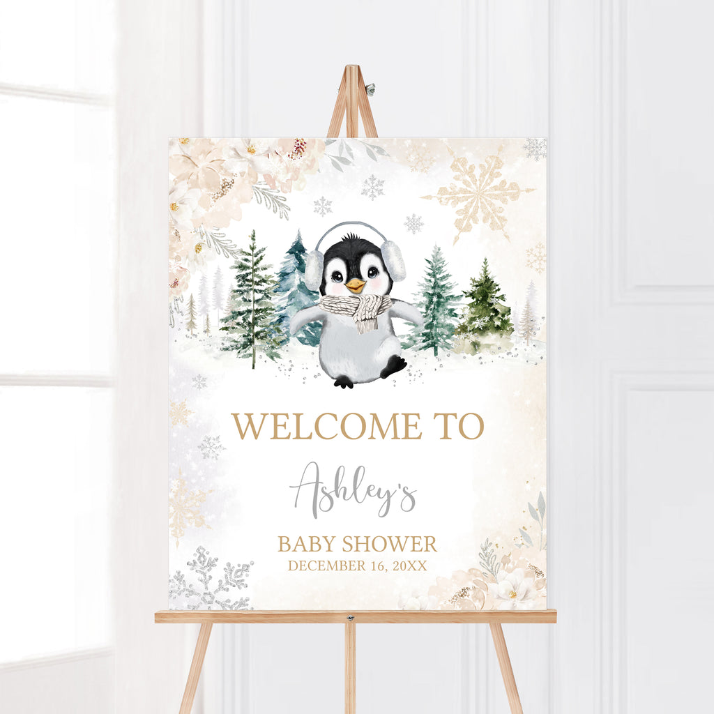 Floral Winter Penguin Baby Shower Welcome Sign