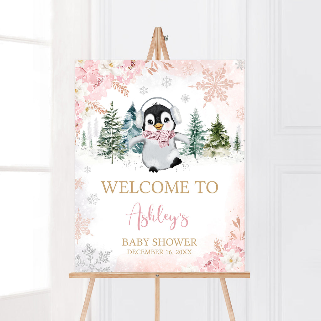 Girl Winter Penguin Baby Shower Welcome Sign