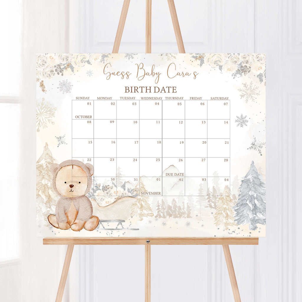 Winter Bear Baby Shower Due Date Calendar