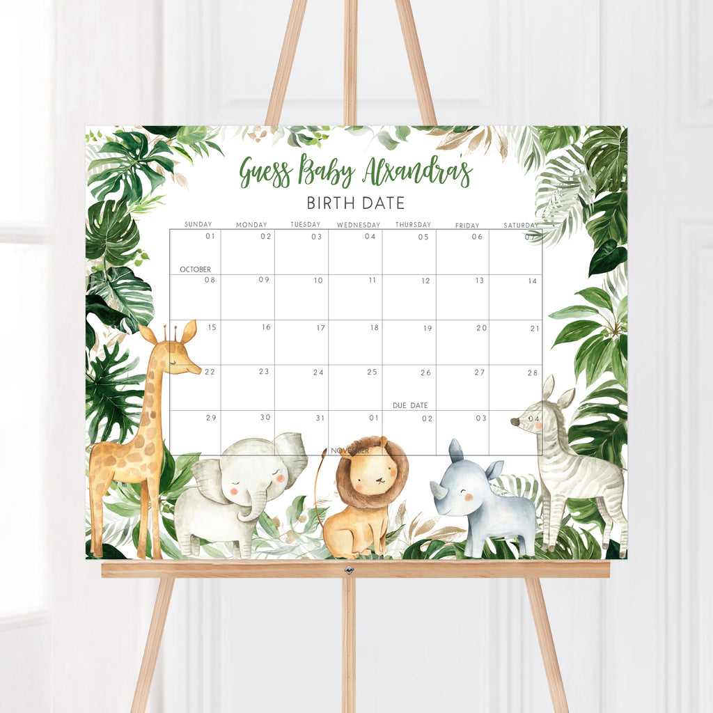 Greenery Safari Baby Shower Due Date Calendar