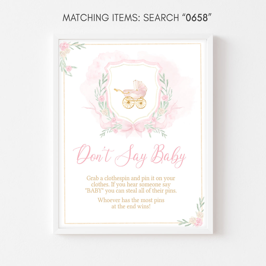 Watercolor Crest Baby Shower Don't Say Baby Sign