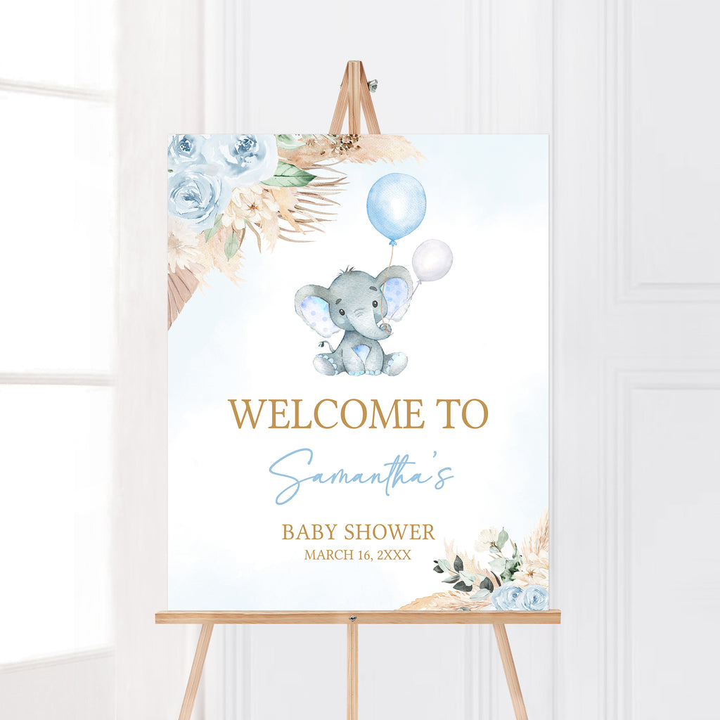 Blue Boho Elephant Baby Shower Welcome Sign