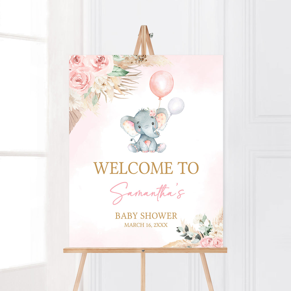 Pink Boho Elephant Baby Shower Welcome Sign