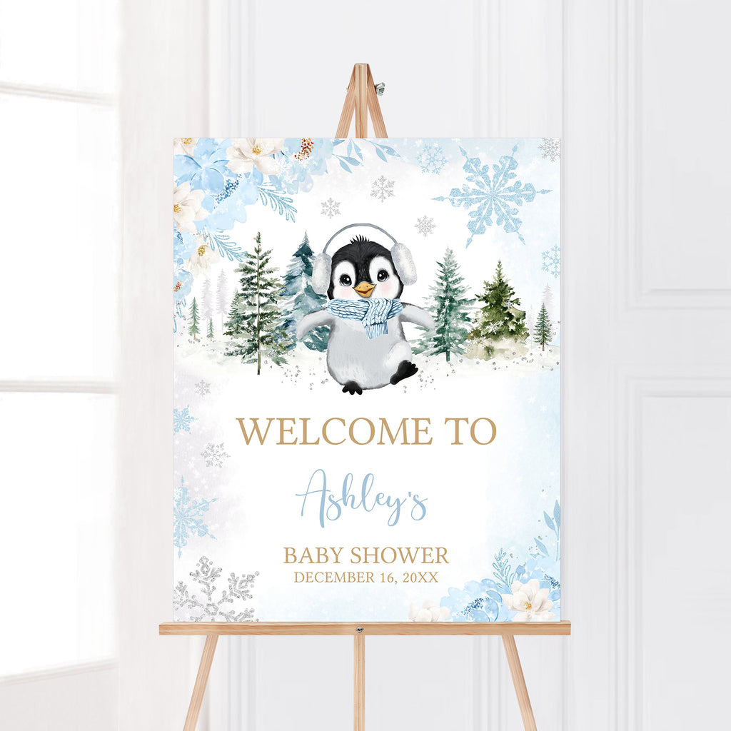 Boy Winter Penguin Baby Shower Welcome Sign