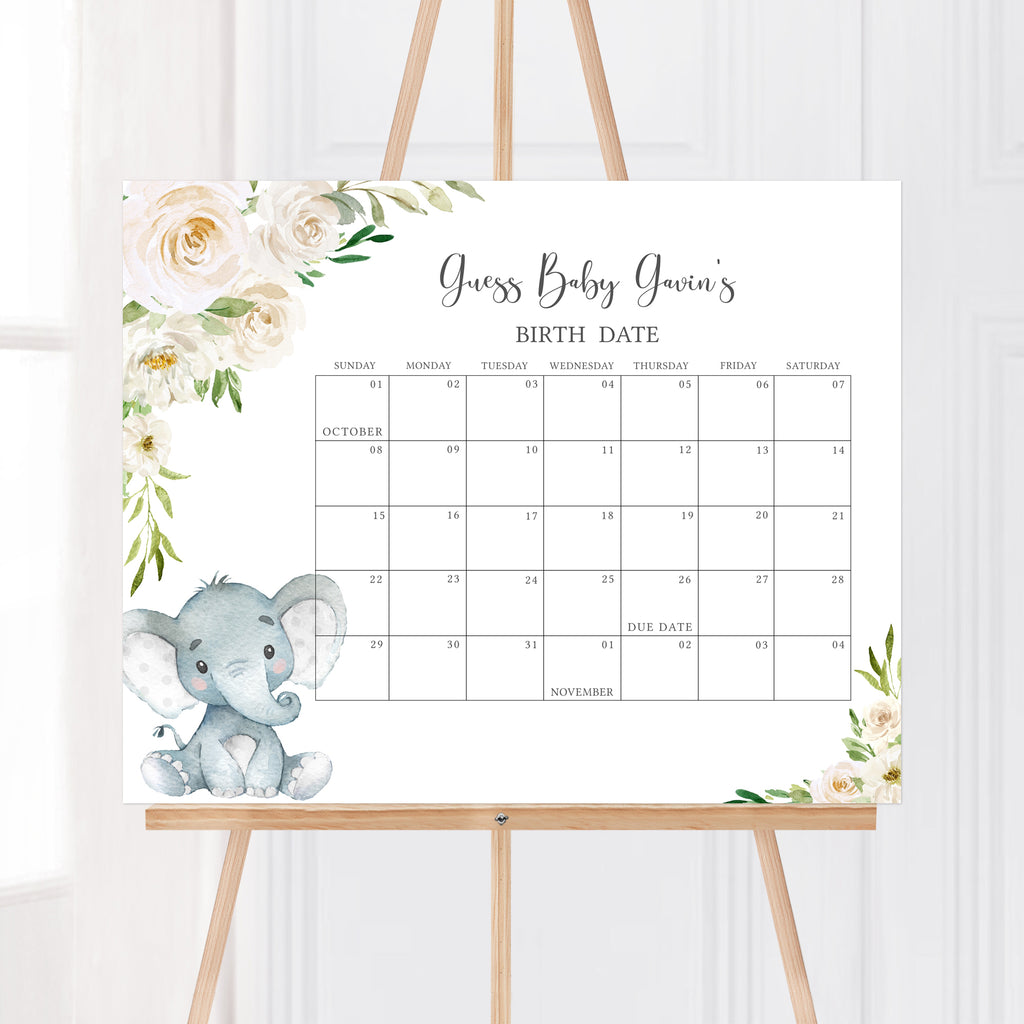 Floral Elephant Baby Shower Due Date Calendar