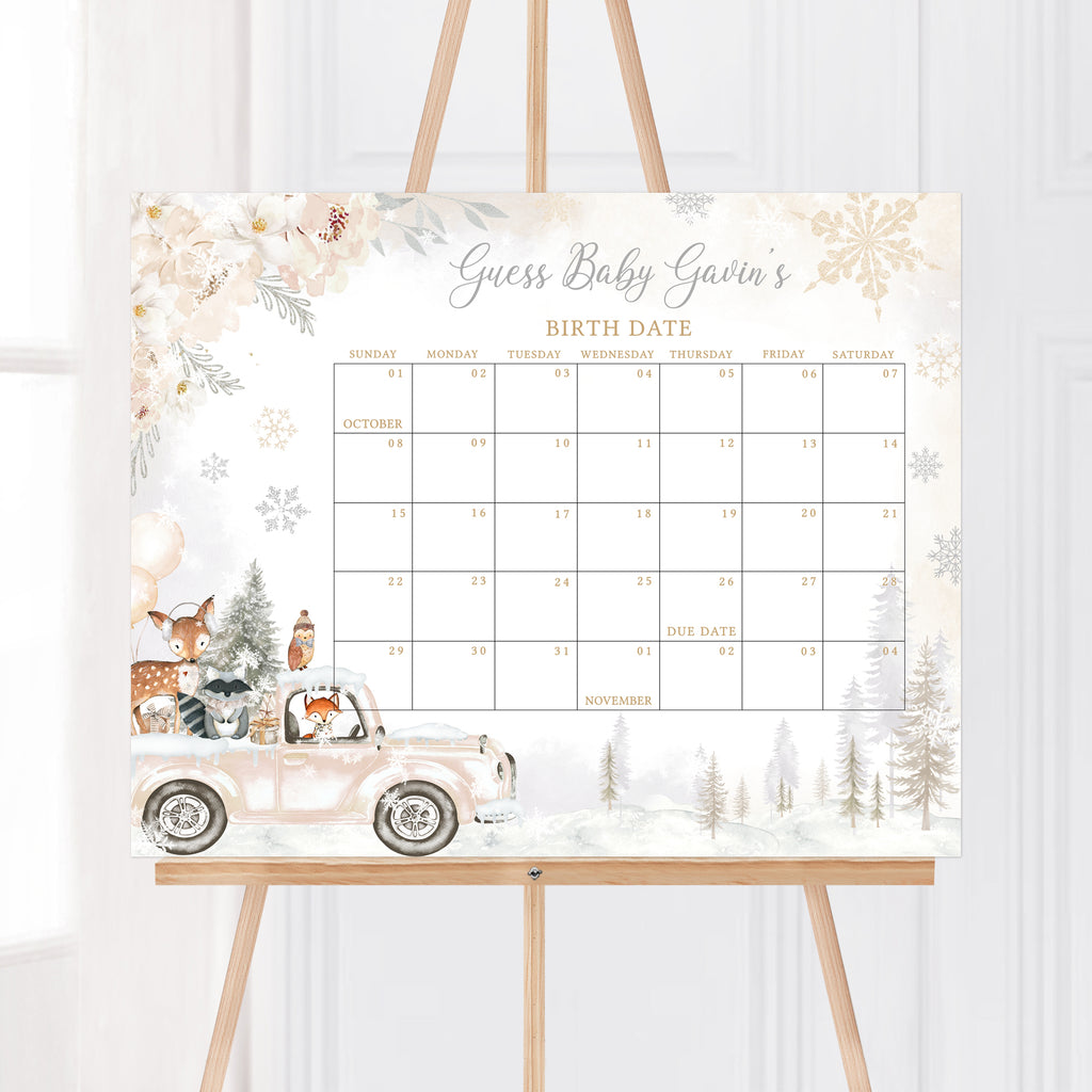 Gender Neutral Winter Woodland Baby Shower Due Date Calendar