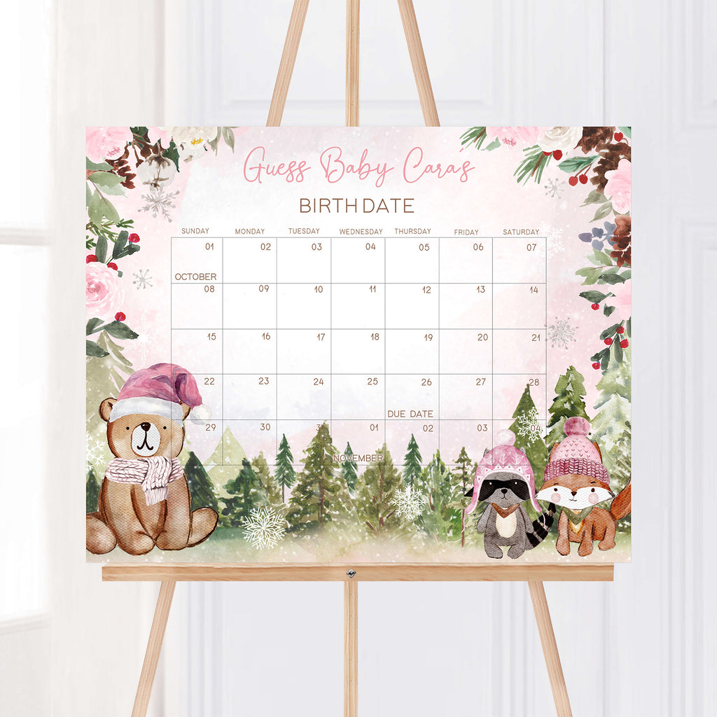 Pink Floral Winter Woodland Baby Shower Due Date Calendar