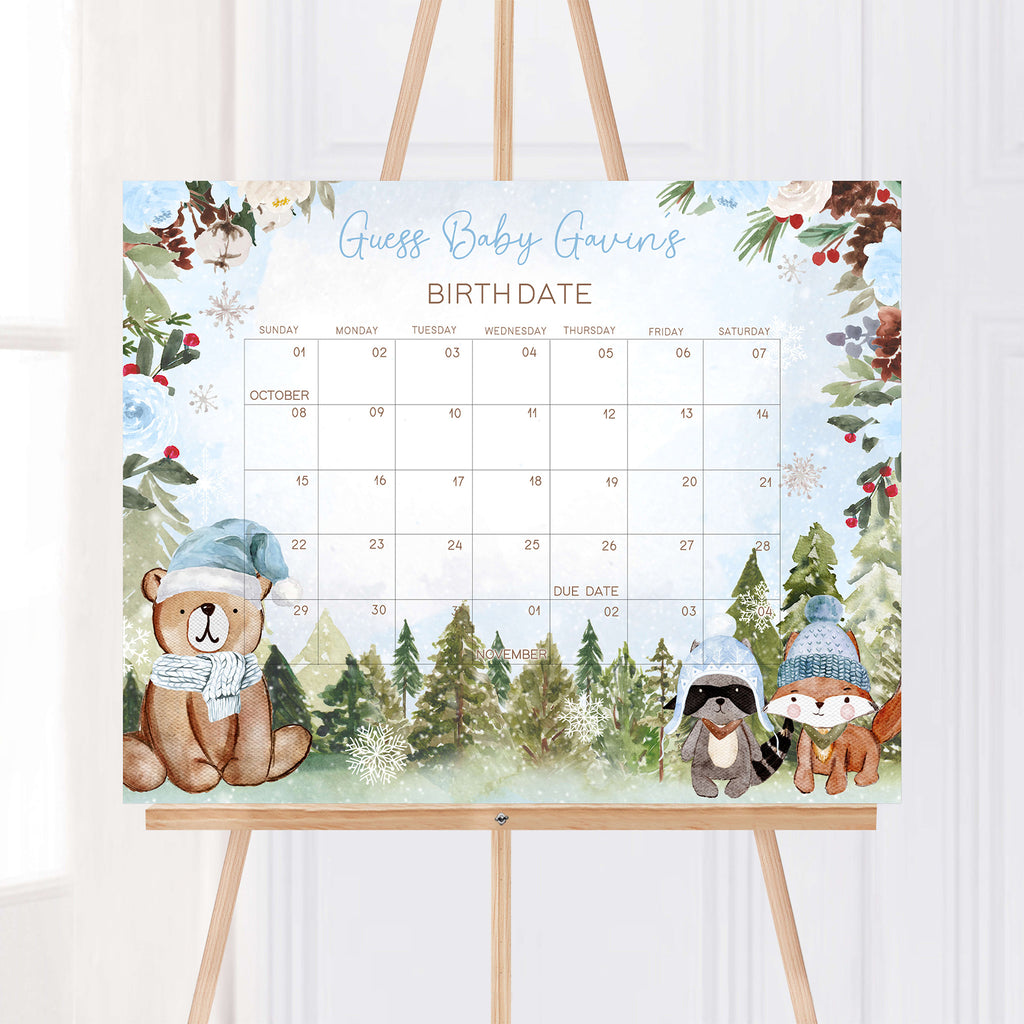 Blue Floral Winter Woodland Baby Shower Due Date Calendar