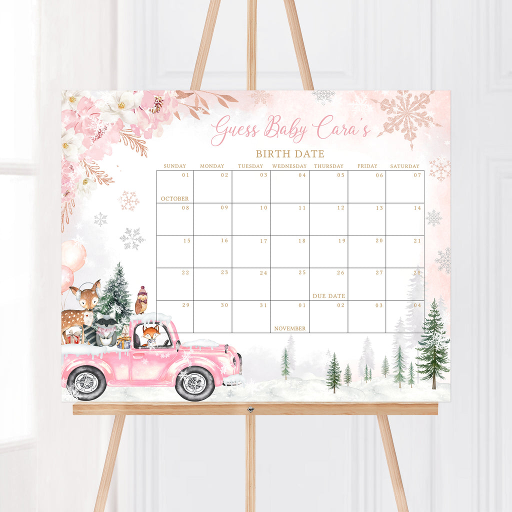  Pink Winter Woodland Baby Shower Due Date Calendar