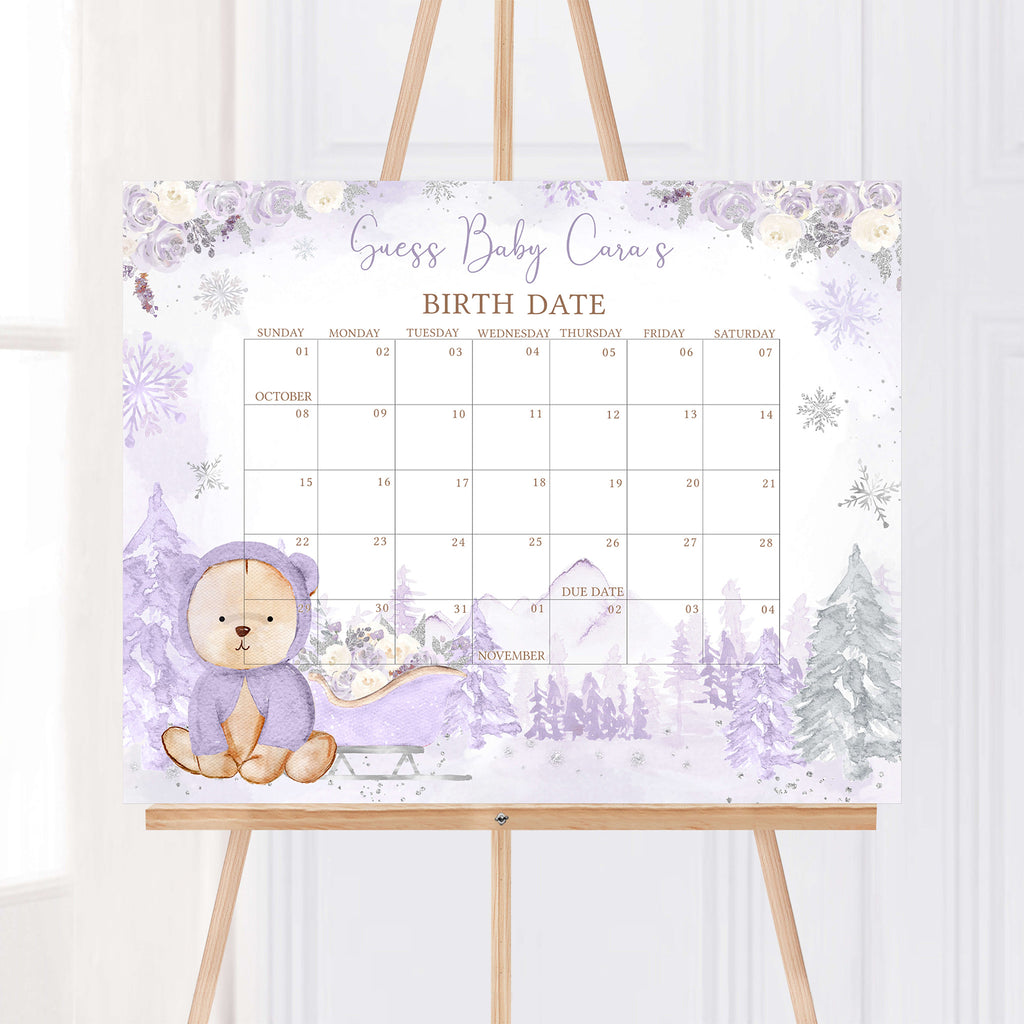 Purple Winter Bear Baby Shower Due Date Calendar