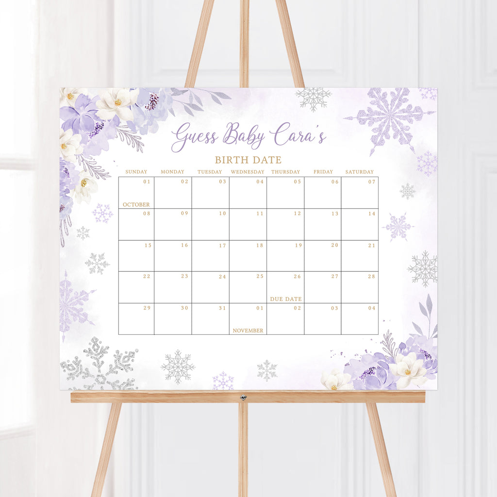 Purple A Little Snowflake Baby Shower Due Date Calendar