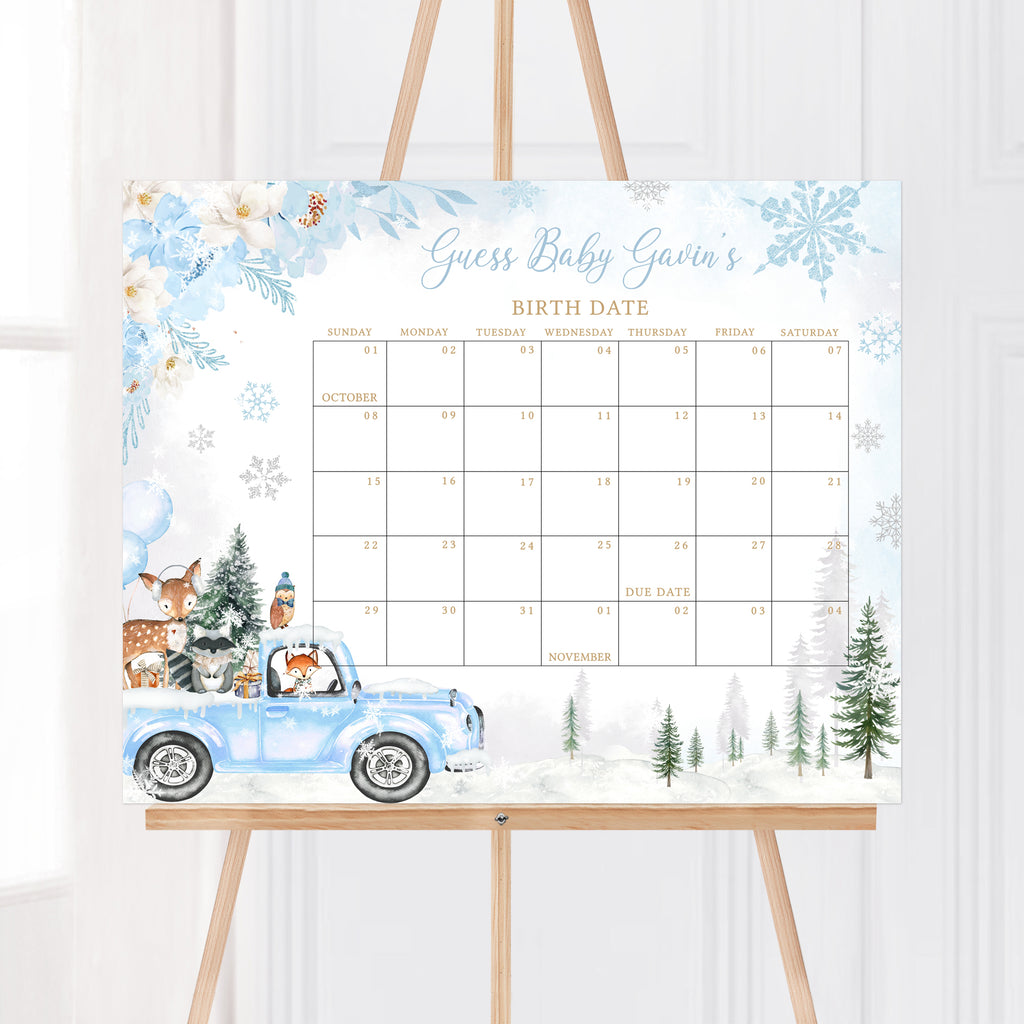 Blue Winter Woodland Baby Shower Due Date Calendar