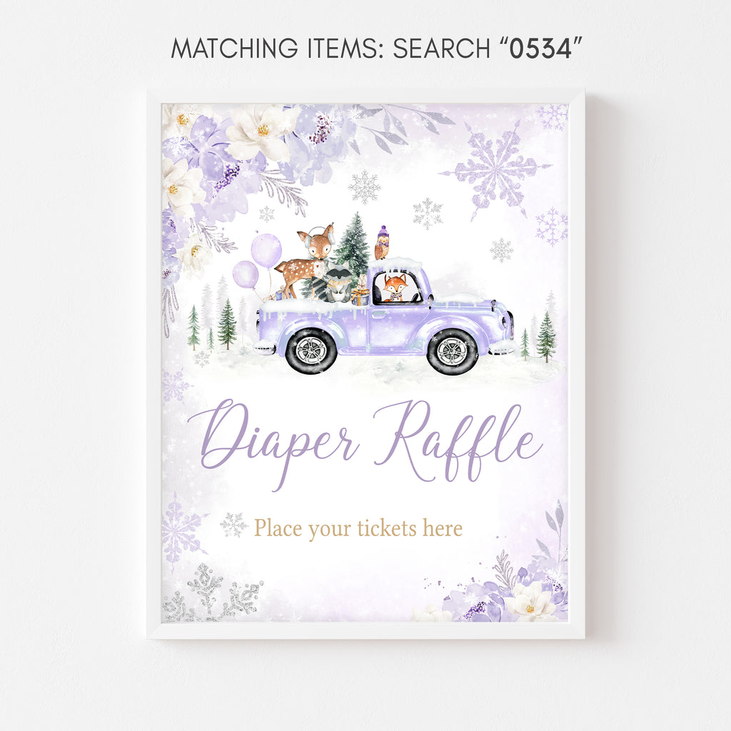 Purple Winter Woodland Baby Shower Diaper Raffle Sign