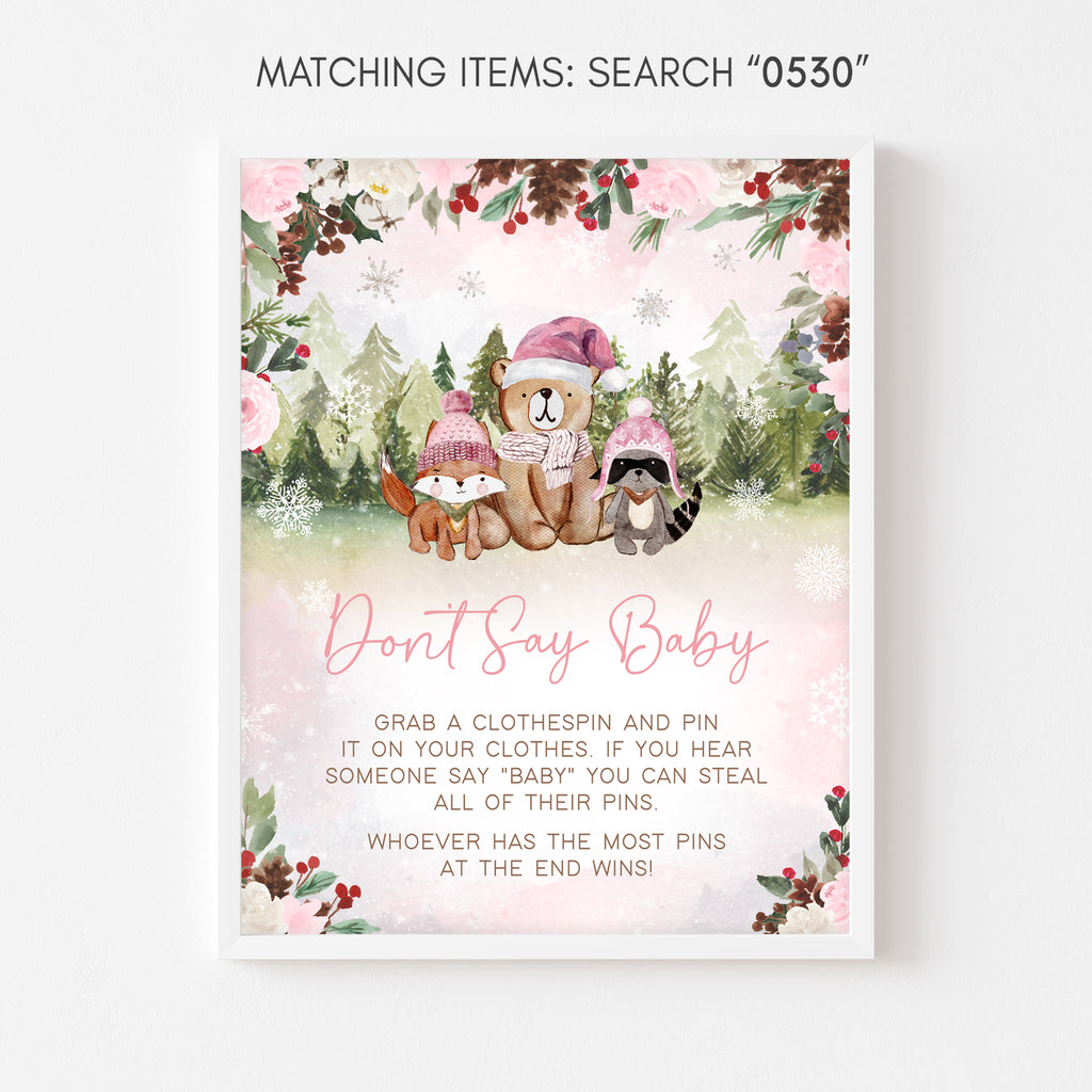 Pink Floral Winter Woodland Baby Shower Don't Say Baby Sign