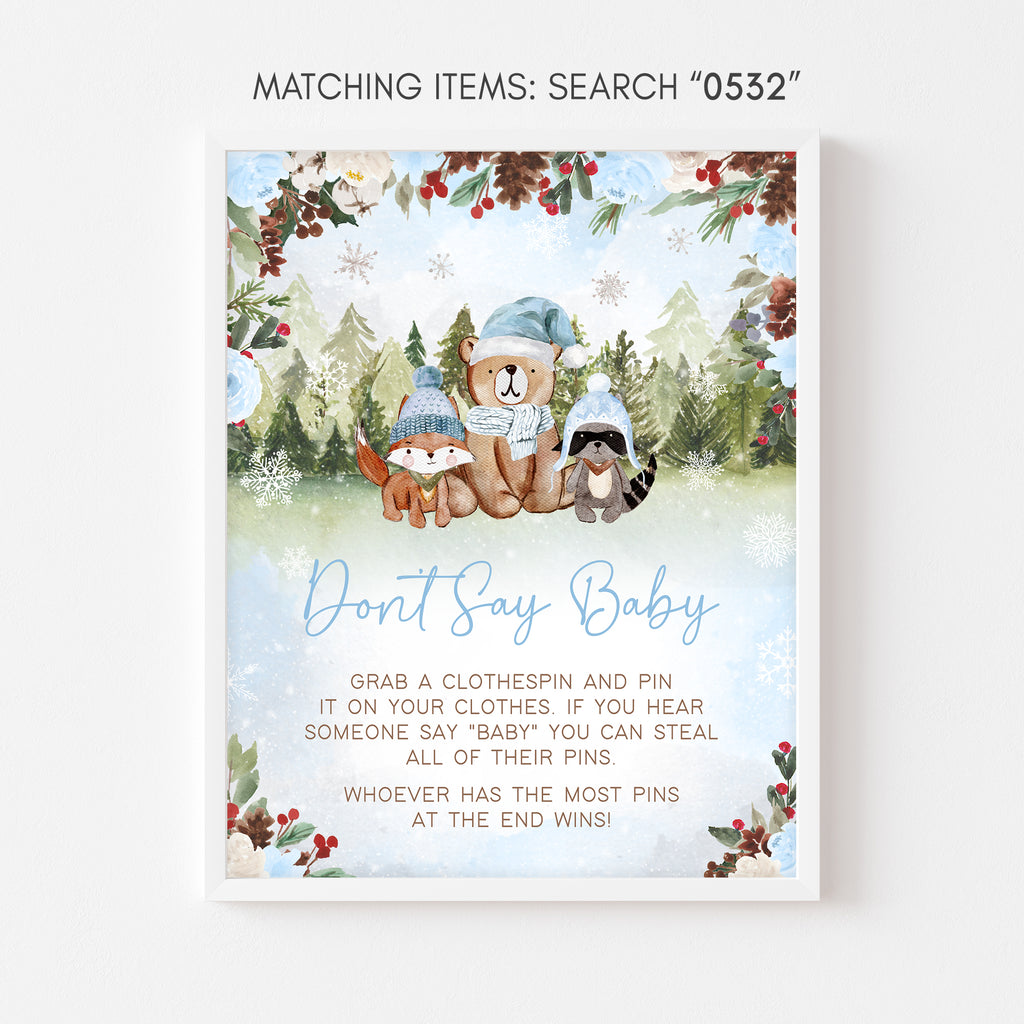 Blue Floral Winter Woodland Baby Shower Don't Say Baby Sign