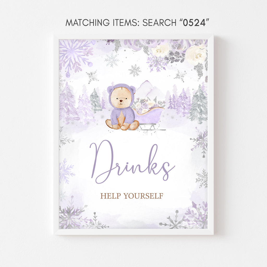 Purple Winter Bear Baby Shower Drinks Sign