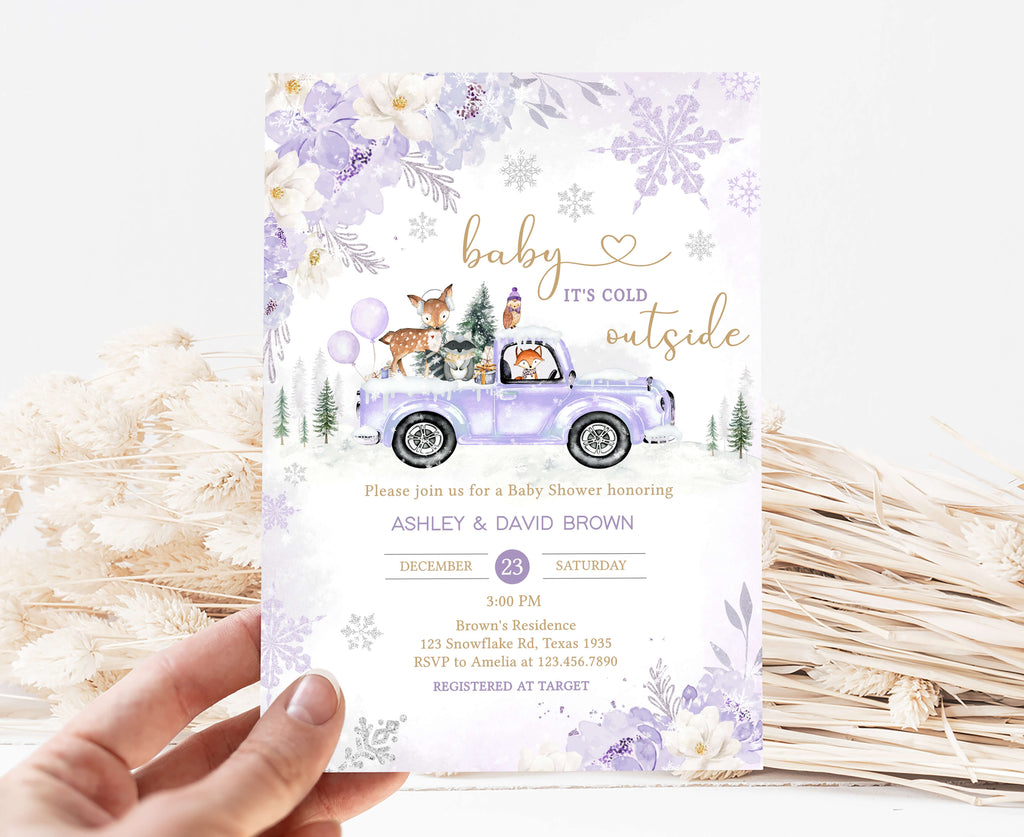 Purple Winter Woodland Baby Shower Invitation