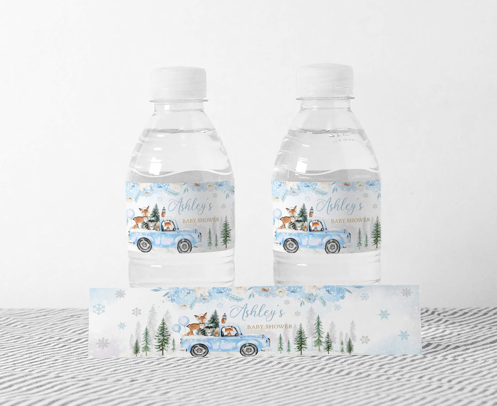 Blue Winter Woodland Baby Shower Bottle Label