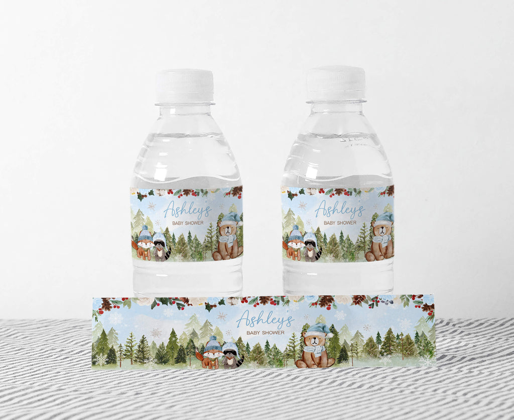 Blue Floral Winter Woodland Baby Shower Bottle Label