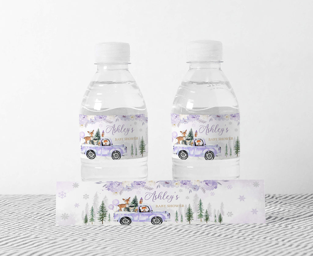 Purple Winter Woodland Baby Shower Bottle Label