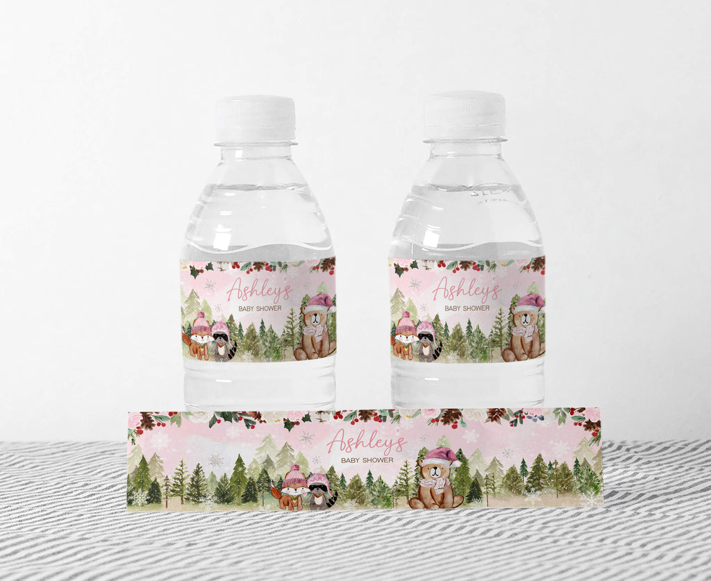 Pink Floral Winter Woodland Baby Shower Bottle Label