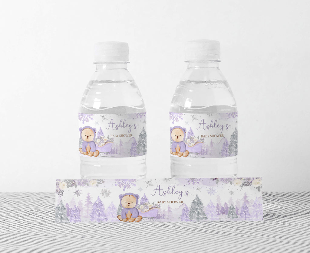 Purple Winter Bear Baby Shower Bottle Label