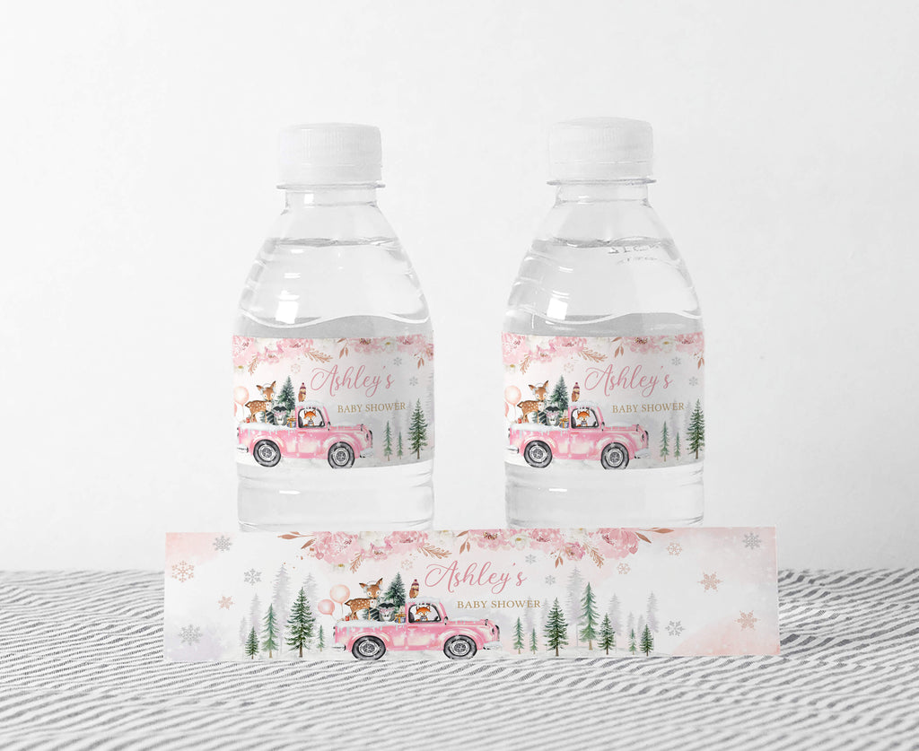 Pink Winter Woodland Baby Shower Bottle Label