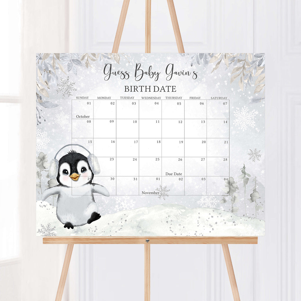 Winter Penguin Baby Shower Due Date Calendar